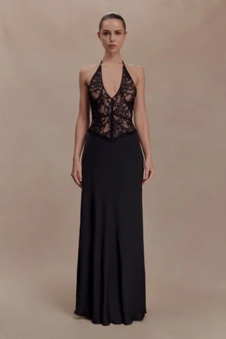 Sascha Lace And Satin Halter Maxi Dress – Black