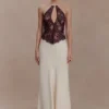 Sascha Lace And Satin Halter Maxi Dress – Ivory/Chocolate Sascha Lace And Satin Halter Maxi Dress – Ivory/Chocolate