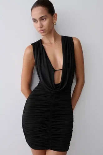 Scarlet Slinky Cowl Mini Dress – Black