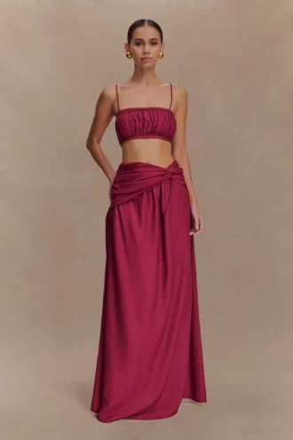 Scottie Gathered Linen Knot Maxi Skirt – Wine