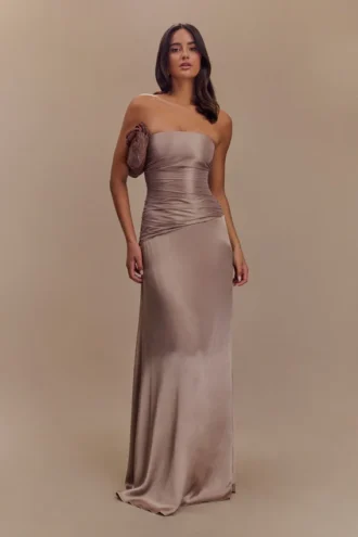 Serena Strapless Taffeta Maxi Dress – Bronze Taupe