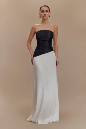Serena Strapless Taffeta Maxi Dress – White/Black
