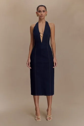Shauna Denim Halter Midi Dress – Indigo Blue