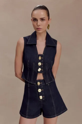 Shona Denim Vest With Decorative Buttons – Washed Indigo Blue