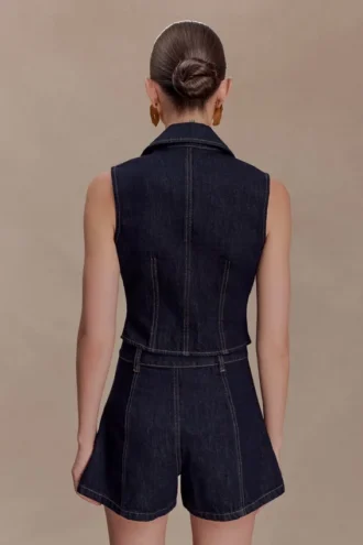 Shona Denim Vest With Decorative Buttons – Washed Indigo Blue