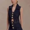 Shona Denim Vest With Decorative Buttons – Washed Indigo Blue Shona Denim Vest With Decorative Buttons – Washed Indigo Blue
