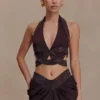 Siren Satin And Diamante Halter Top – Dark Chocolate Siren Satin And Diamante Halter Top – Dark Chocolate