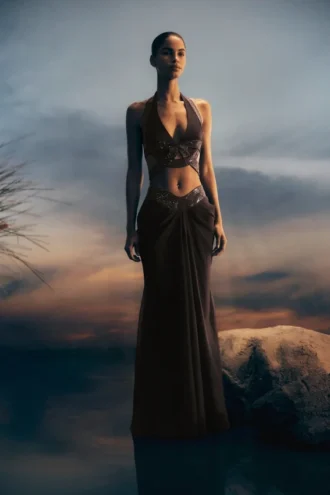 Siren Satin And Diamante Maxi Skirt – Dark Chocolate