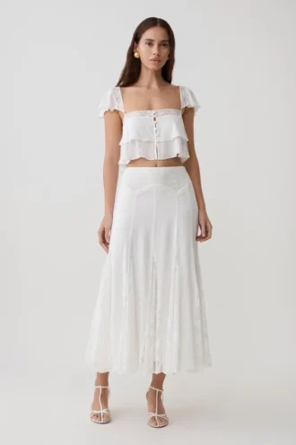 Skylar Lace Panelled Midi Skirt – White