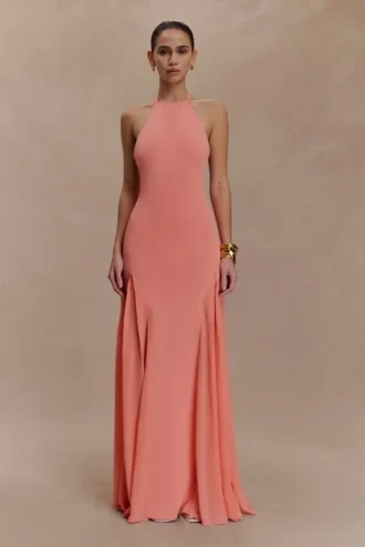 Soleil Knit And Mesh Halter Maxi Dress – Coral