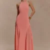 Soleil Knit And Mesh Halter Maxi Dress – Coral Soleil Knit And Mesh Halter Maxi Dress – Coral