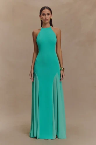 Soleil Knit And Mesh Halter Maxi Dress – Lagoon
