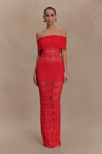 Solstice Off Shoulder Crochet Knit Maxi Dress – Blood Orange