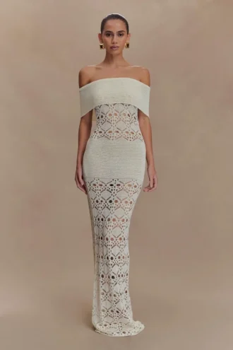 Solstice Off Shoulder Crochet Knit Maxi Dress – Ivory