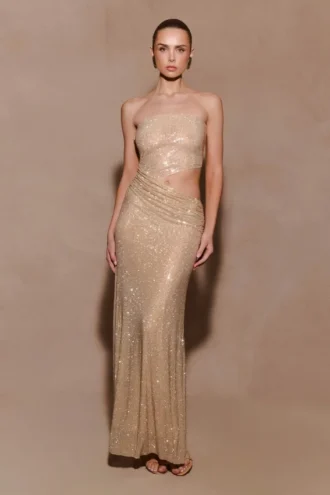 Starla Strapless Diamante Maxi Dress – Gold