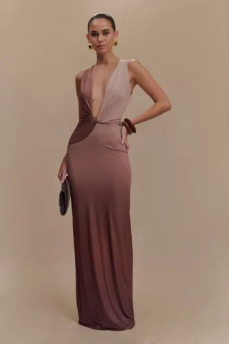 Stella Draped Slinky Maxi Dress – Mocha Ombre
