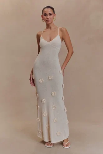 Suki Knit Maxi Dress With Flowers – Nude