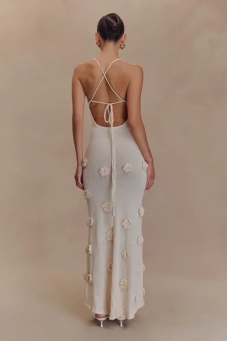 Suki Knit Maxi Dress With Flowers – Nude