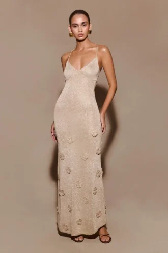 Suki Metallic Knit Maxi Dress – Gold
