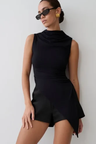 Suong High Neck Gathered Top – Black