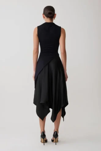 Coralie Asymmetric Satin Midi Skirt – Black