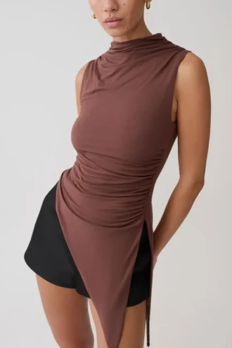 Suong High Neck Gathered Top – Mocha