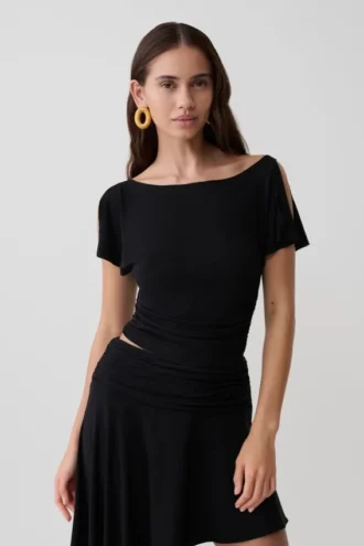 Talise Modal Flounce Short Sleeve Top – Black