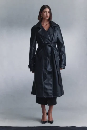 Tarah Faux Leather Trench Coat – Black