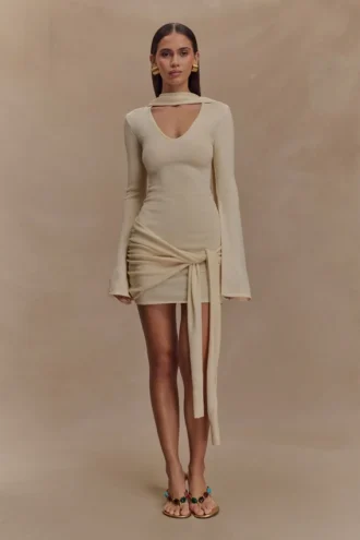 Taron Knit Mini Dress With Scarf – Cream