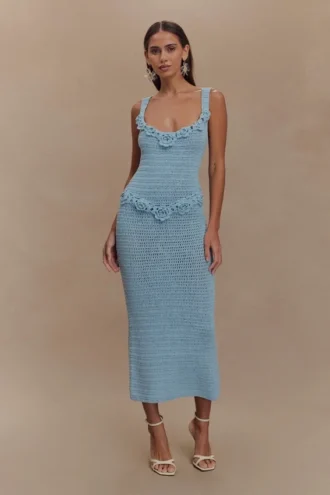 Teagan Floral Hand Crochet Midi Dress – Blue