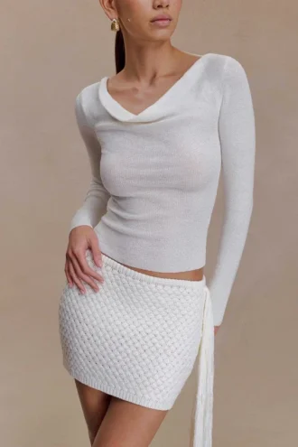 Elowen Knit Cowl Long Sleeve Top – White
