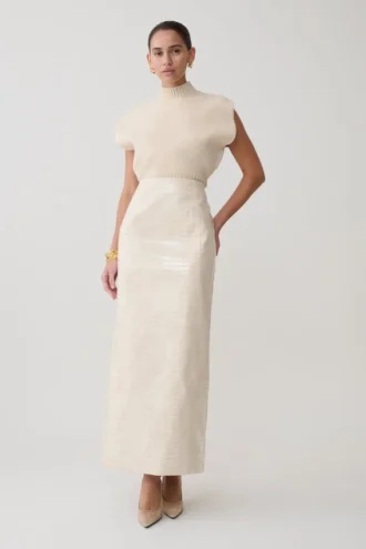 Thalia Croc Faux Leather Midi Skirt – Ivory