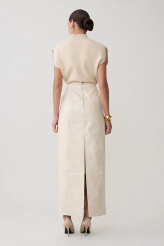 Thalia Croc Faux Leather Midi Skirt – Ivory