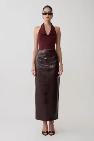 Thalia Croc Faux Leather Midi Skirt – Merlot