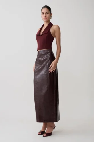 Thalia Croc Faux Leather Midi Skirt – Merlot
