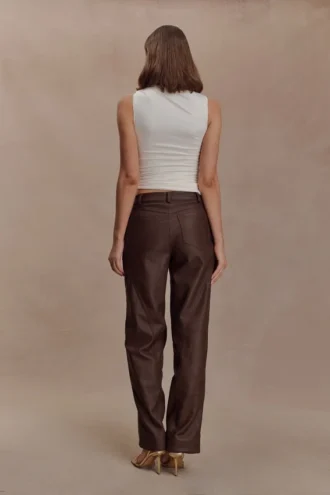 Theo Faux Leather Mid Rise Pants – Dark Chocolate
