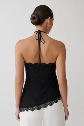 Theodosia Asymmetric Lace Halter Top – Black