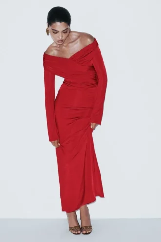 Therese Off Shoulder Ruched Maxi Dress – Red