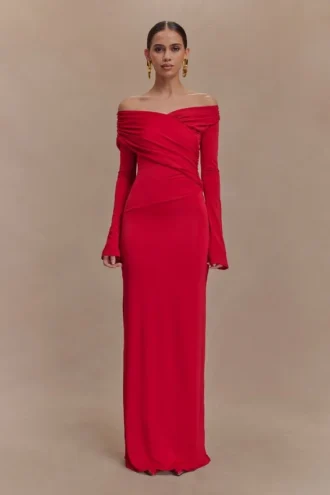 Therese Off Shoulder Ruched Maxi Dress – Red