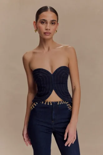 Tully Strapless Topstitch Denim Top – Indigo Blue