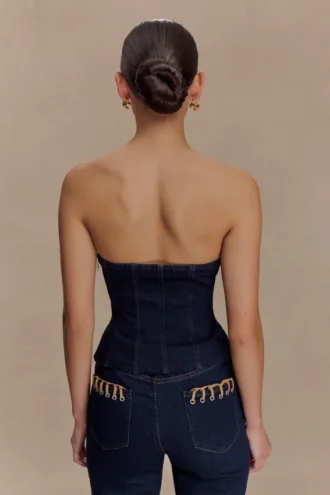 Tully Strapless Topstitch Denim Top – Indigo Blue