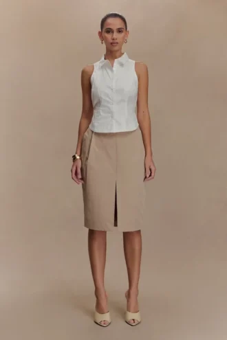 Vera Twill Split Front Midi Skirt – Camel