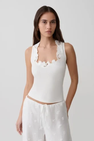 Vianna Broderie Ribbed Tank Top – Ivory