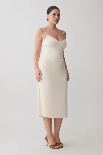 Vina Gathered Jersey Midi Dress – Ivory