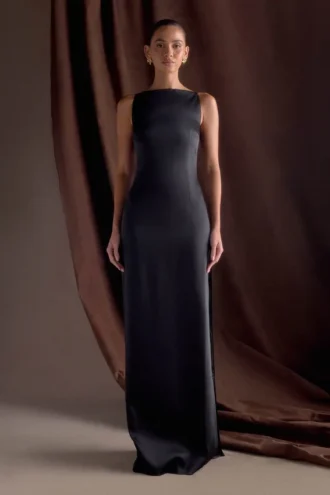 Violet Sleeveless Satin Maxi Dress – Black