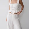 Vivian Tie Waist Embroidered Pant – White