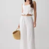 Vivian Tie Waist Embroidered Pant – White