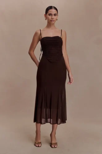 Willa Gathered Mesh Midi Dress – Chocolate