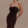 Willa Gathered Mesh Midi Dress – Chocolate