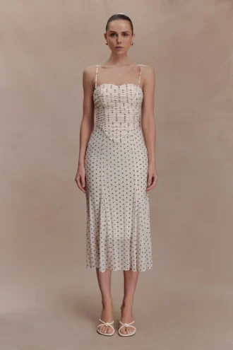 Willa Gathered Mesh Midi Dress – Polka Dot
